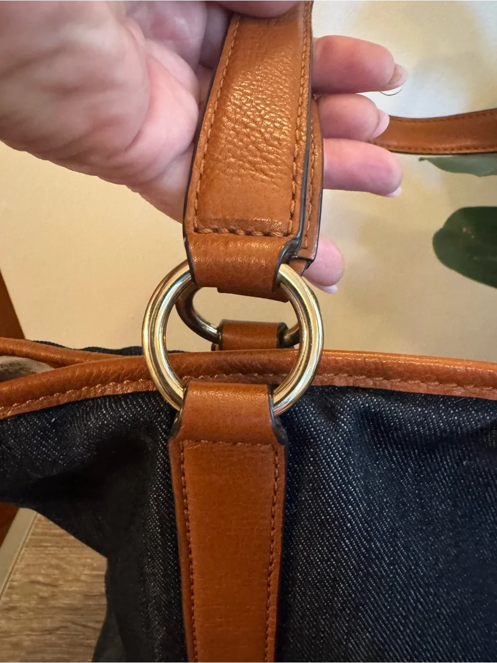 Michael Kors Dark Denim Tote with Brown Leather Trim and MK Charm